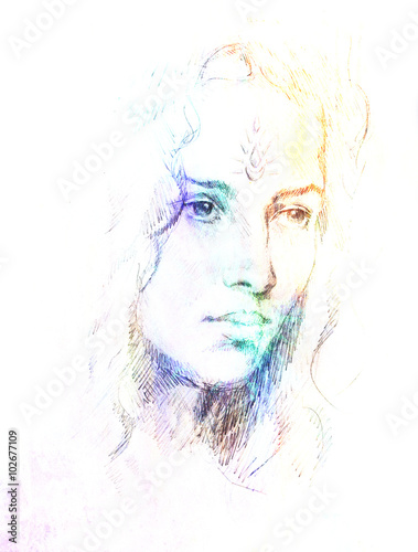 Drawing portrait Young woman with ornament on face, color painting on abstract background, computer collage.