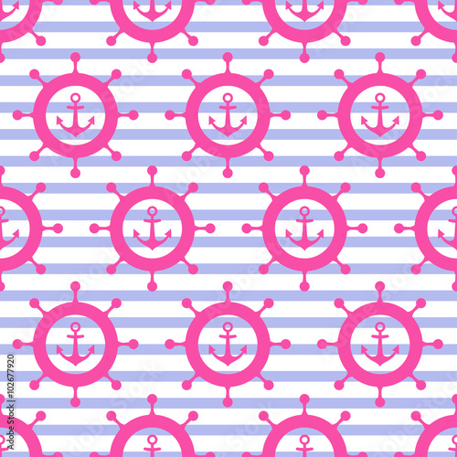 Cute nautical background. Navy vector seamless pattern: pink anchor and steering wheel on striped background.