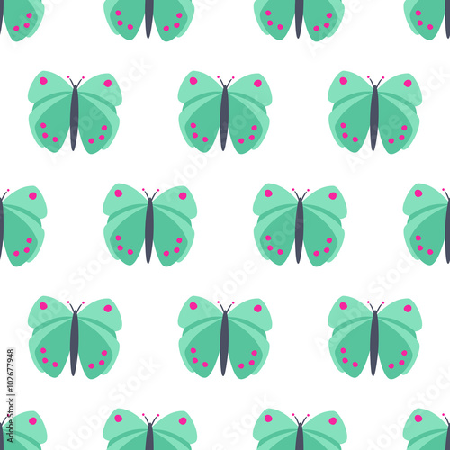 Mint green butterfly seamless pattern. Bright summer butterfly vector background.