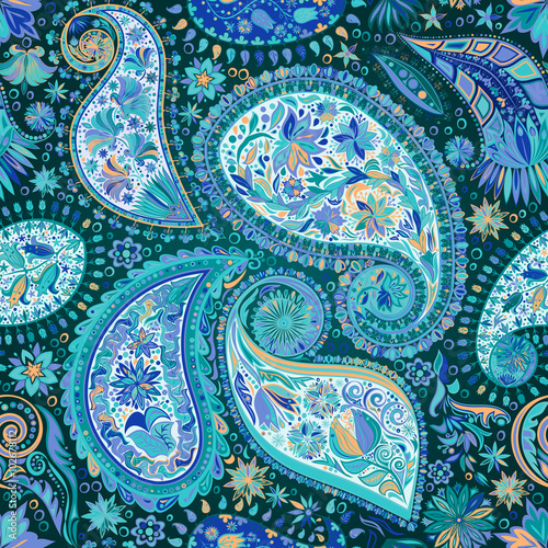 Vintage floral motif ethnic paisley seamless background. Abstract lace pattern. Ability to edit the colors, without losing seamlessly. Hand drawing colorful wallpaper. EPS-8 vector texture.

