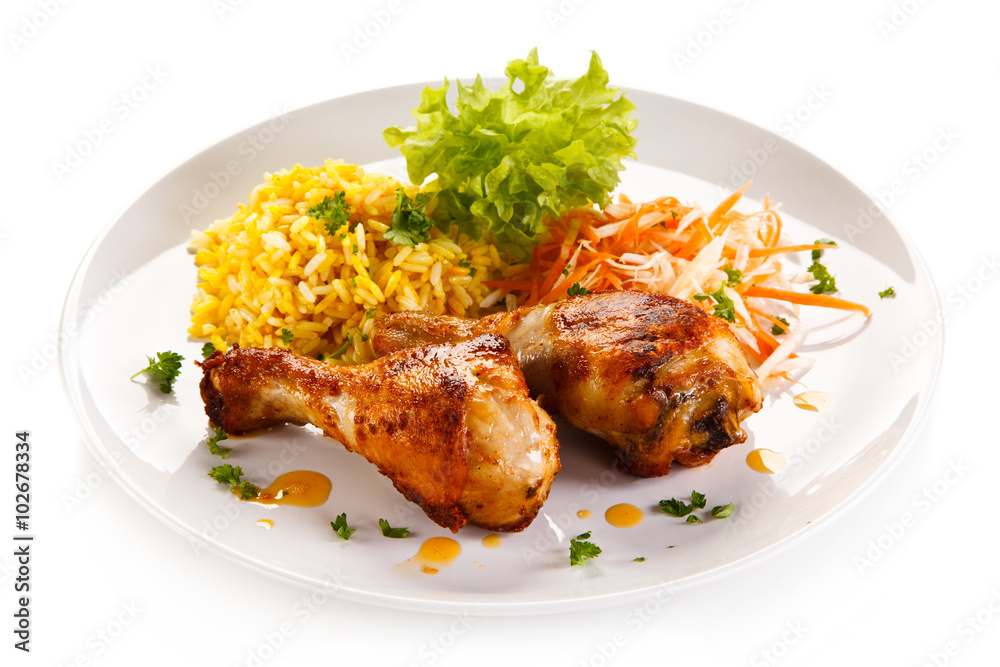 Roasted chicken drumsticks white rice and vegetables Roasted chicken drumsticks white rice and vegetables