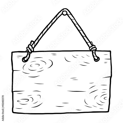 wooden placard with rope / cartoon vector and illustration, black and white, hand drawn, sketch style, isolated on white background.