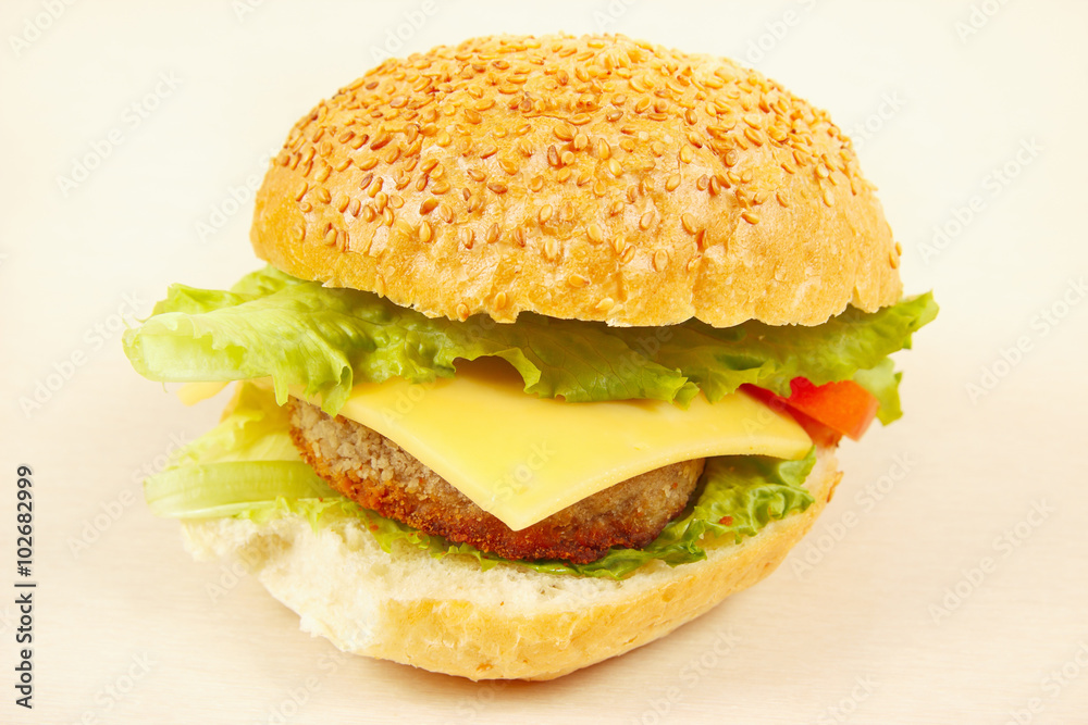 Big flavorful hamburger with cheese close up Big flavorful hamburger with cheese close up