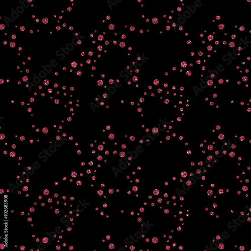 Pattern with red glitter textured circles on black background.