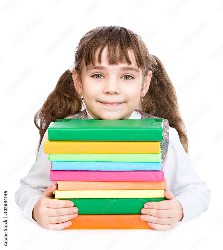 little happy girl with pile books. isolated on white background little happy girl with pile books. isolated on white background