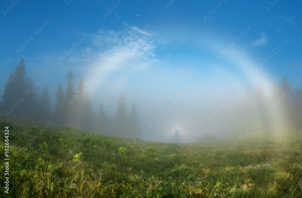 Carpathian Mountains. Brokensky ghost white double rainbow mist.