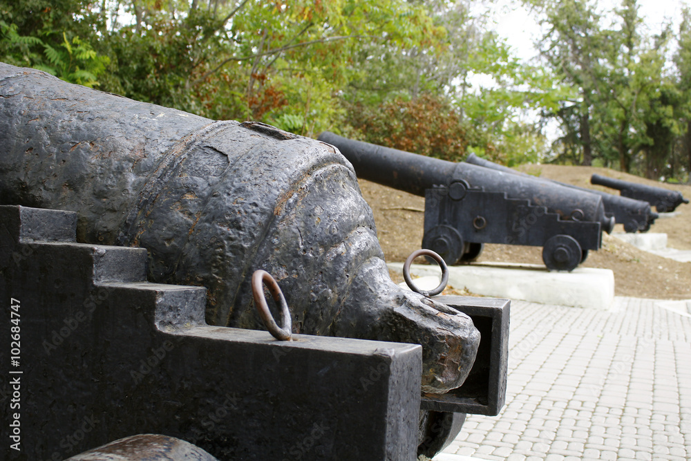 Old war cannon on the Malakoff redoubt in Sevastopol. They belong to the Crimean War of 1853-1856