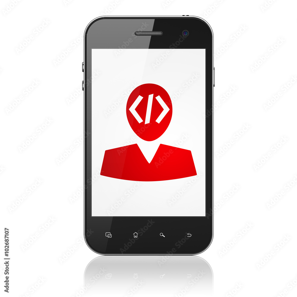 Database concept: Smartphone with Programmer on display Database concept: Smartphone with Programmer on display
