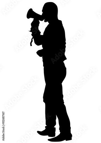 Man wearing a cap with a megaphone on a white background