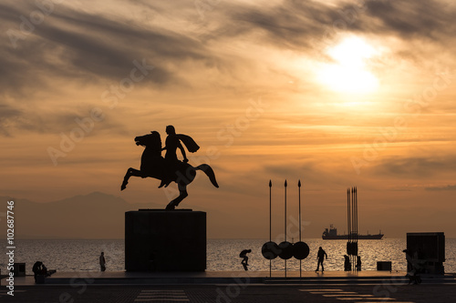 Silhouette of Alexander the Great Statue at sunrise. Thessalonik