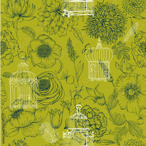 seamless pattern of various vintage keys and cages