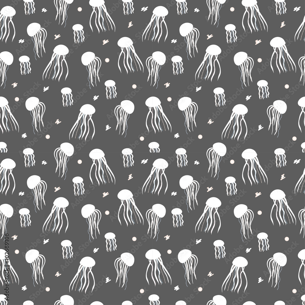 Obraz premium Seamless pattern with tender jelly-fish on dark gray background. 
