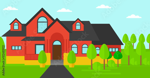 Background of red house with beautiful landscape and pathway.