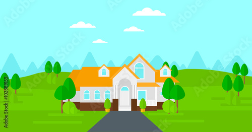Background of house with beautiful landscape and driveway.