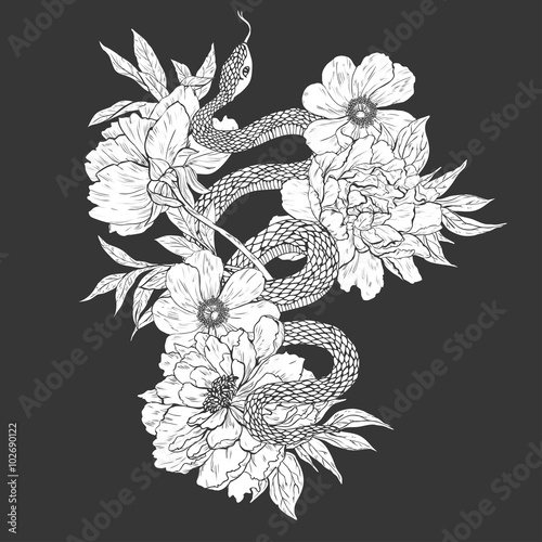 Snakes and flowers. Tattoo art, coloring books.
