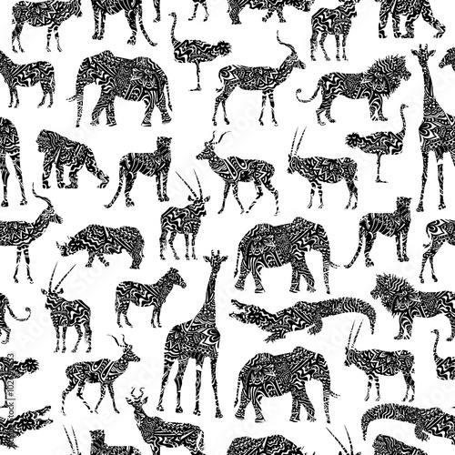 Seamless Pattern With Black Ornamental African Animals
