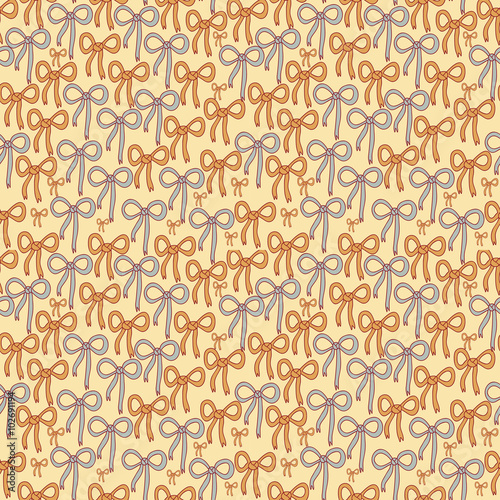 Seamless pattern with blue and orange bows on light background. 
