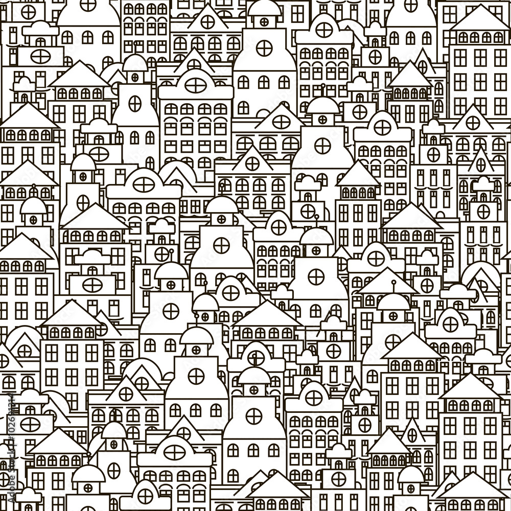 Seamless monochrome pattern with beautiful buildings. 