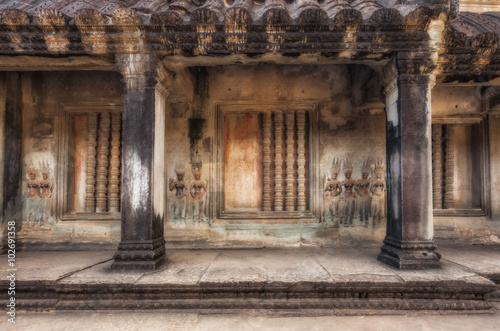 SIEM REAP, CAMBODIA. The temple of Angkor Wat. Gallery with bas-reliefs on the walls
