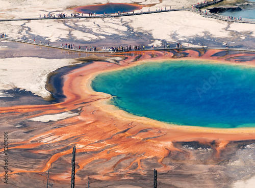 Visitors to Yellowstone National Park and Grand Prismatic Spring. Wyoming, USA