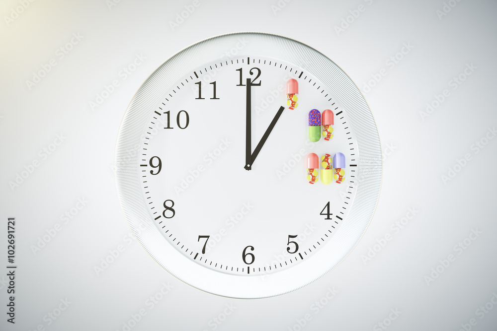 Receiving medications on schedule concept with wall clock and pi Receiving medications on schedule concept with wall clock and pi