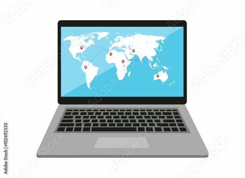 notebook with world map on the screen
