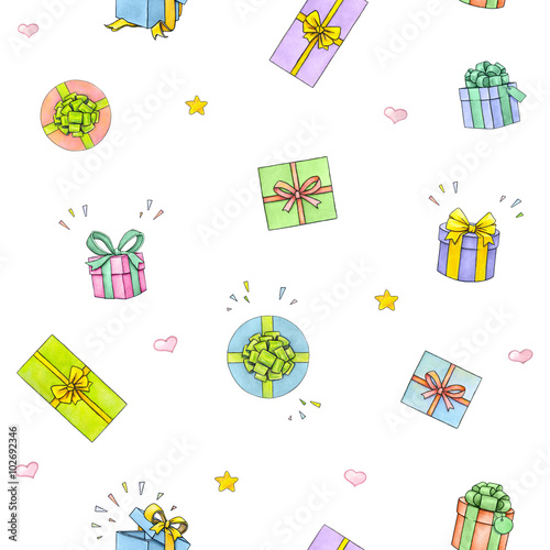 Photos Set of colorful gift boxes with bows and ribbons on white background