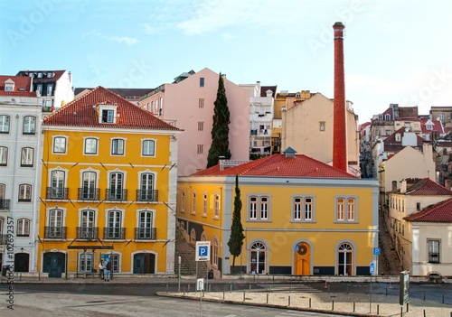 Traditional colorfull hauses in front of the Assembleia da Republica in Lisbon, Portugal
