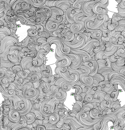Beautiful abstract vector seamless pattern with woman faces and hair