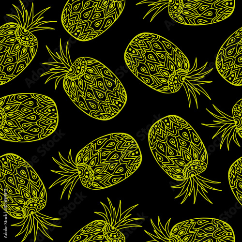 pattern with green pineapples on the black background