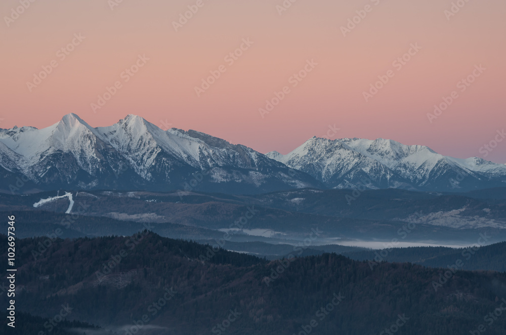 Tatra Mountains from Wysoka in Pieniny mountains, autumn morning
