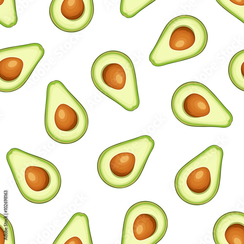 Vector seamless background with avocado fruit slices on a white background.