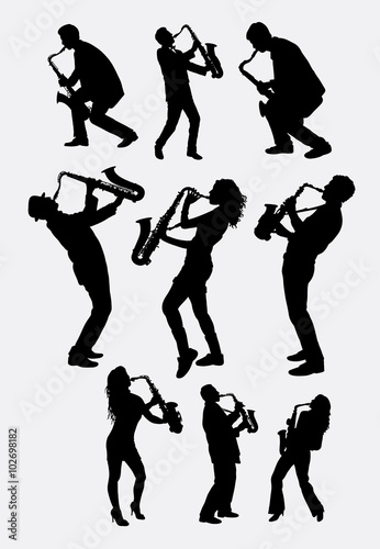 Saxophone instrument player silhouette. Male and female saxophonist poses. Good use ror symbol, logo, web icon, mascot, sticker design, sign, or any design you want. Easy to use.