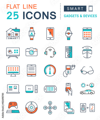 Set Vector Flat Line Icons Smart Device