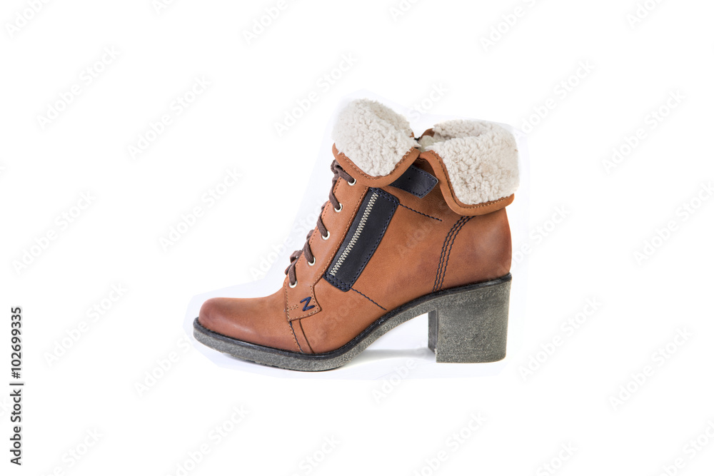 Naklejka premium women's shoes on a white background, brown shoes, suede boots Spring