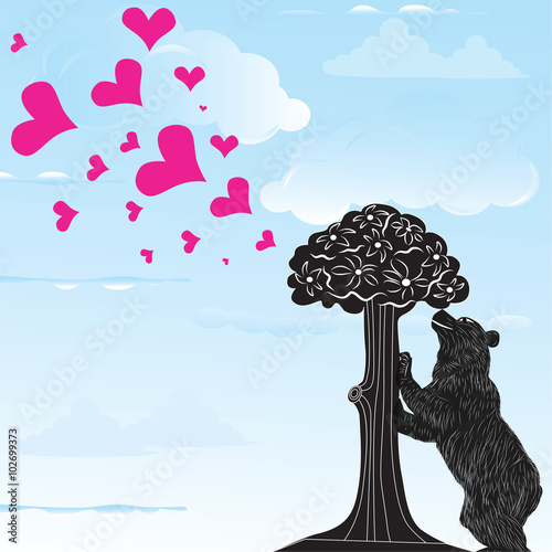 Love heart background with statue of Bear and strawberry tree and the words Madrid, Spain inside, vector illustration