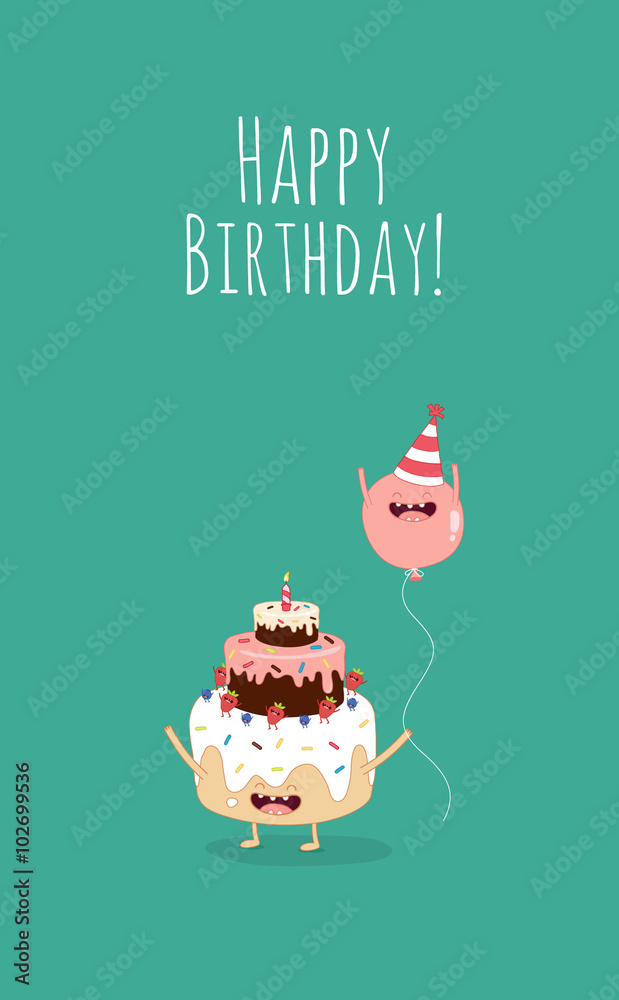 Happy birthday card. Funny birthday cake with pink balloons.Vector illustration Stock Vector