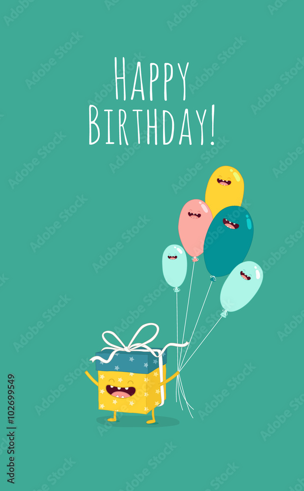 Happy birthday card. Funny birthday gift with color balloons.Vector