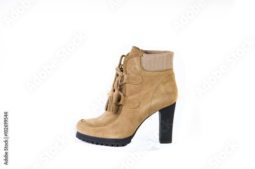 women's shoes on a white background, brown shoes, suede boots Spring