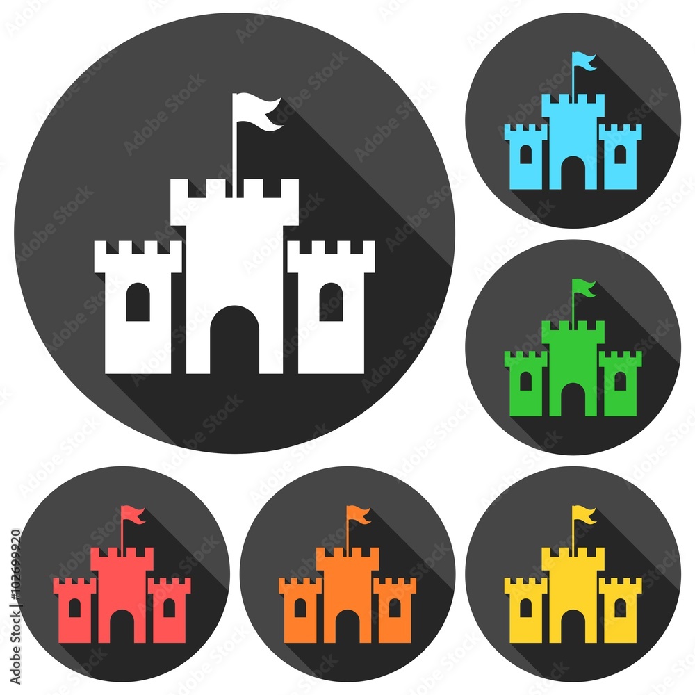 Old castle silhouette icons set with long shadow