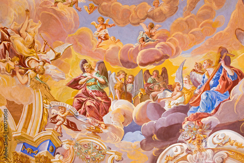 Banska Staivnica - fresco on cupola in the middle church of baroque calvary 