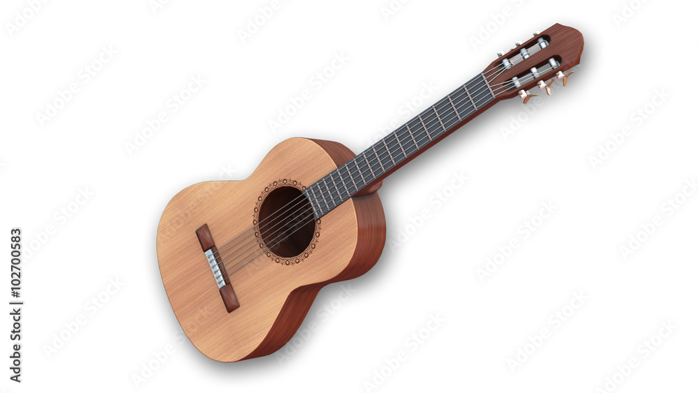 Classical acoustic guitar, music string instrument isolated on white background