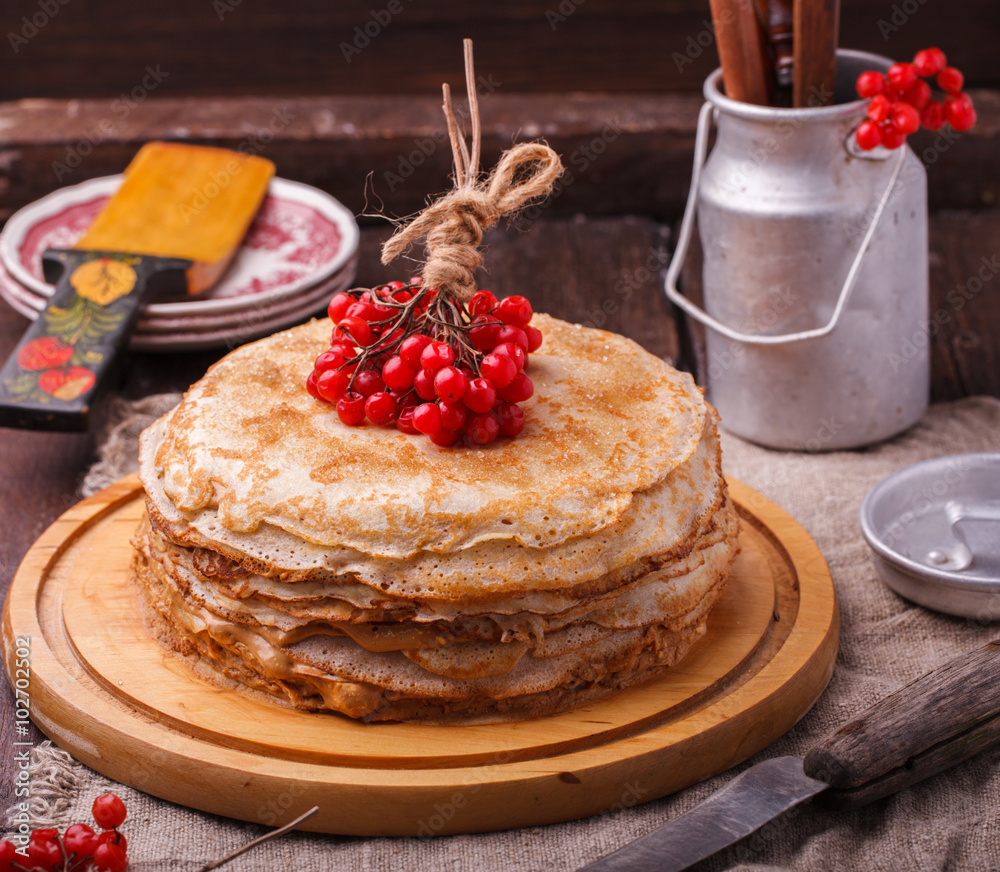 Layered cake made of pancakes.Shrovetide,a traditional Russian holiday.selective focus.