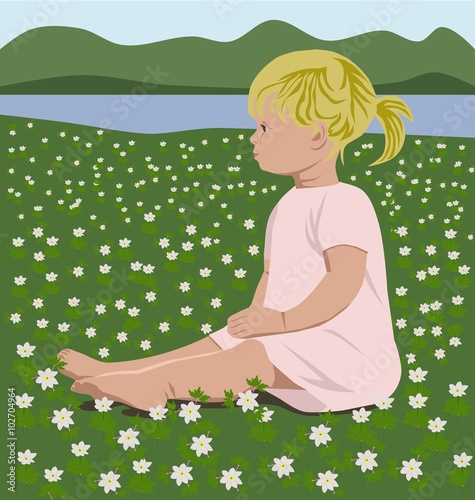 cute girl with wood anemones in springtime