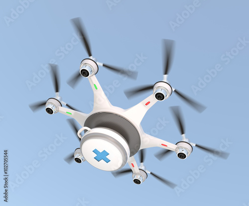  Drone carrying first aid kit for emergency medical care concept