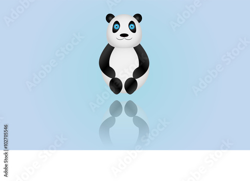 Illustrated panda with blue eyes sitting on colored background with reflection