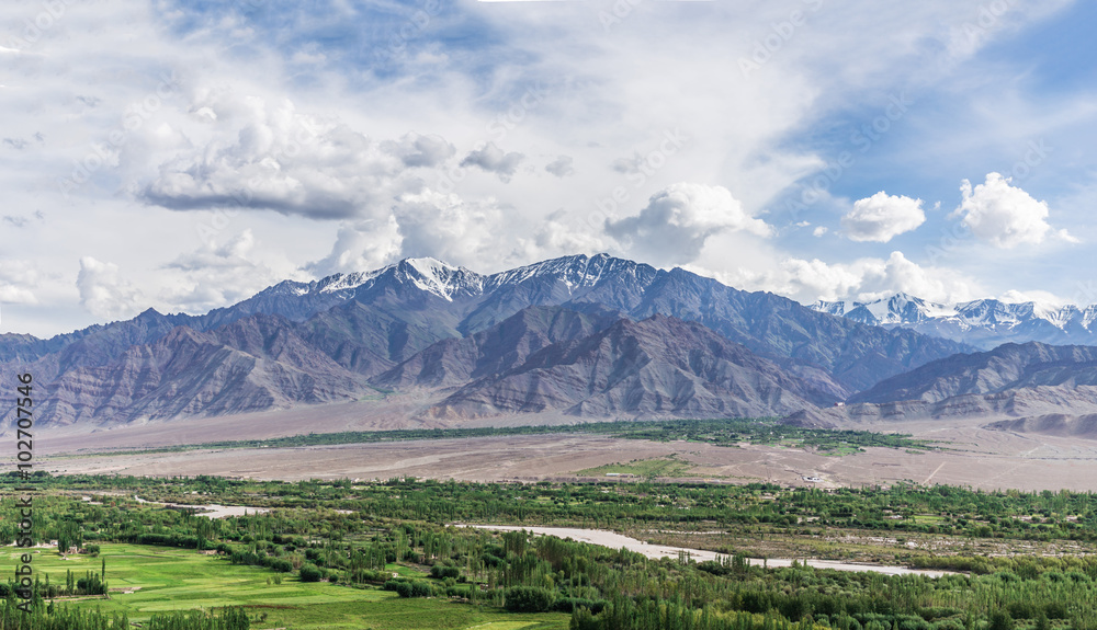 Ladakh valley and himalaya range in background, Leh, Ladakh, India - view from Thiksey monastery