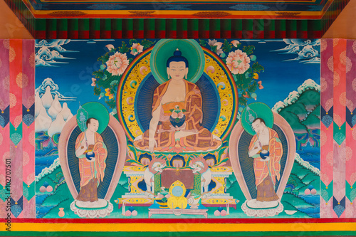 Leh, India - August 7,2015 : The traditional buddha painting art on the temple wall in Leh, Ladakh, India.