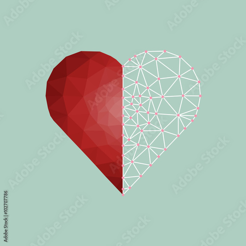 Low polygonal of red heart with white line structure in a half
