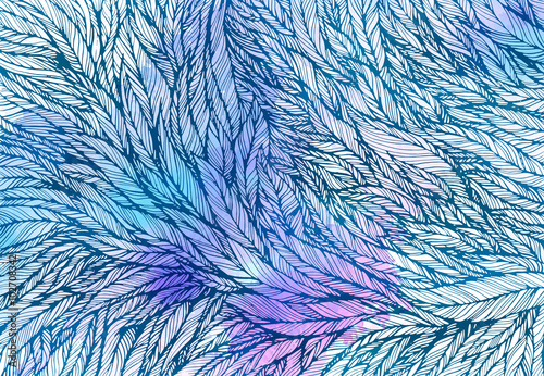 pattern of blue violet feathers, leaves, twigs, vector illustration